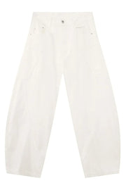 White wide leg trousers with sculpted pocket details and a casual chic style.