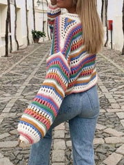 Striped Crochet Knit Cardigan in Color Stripes, model styling view
