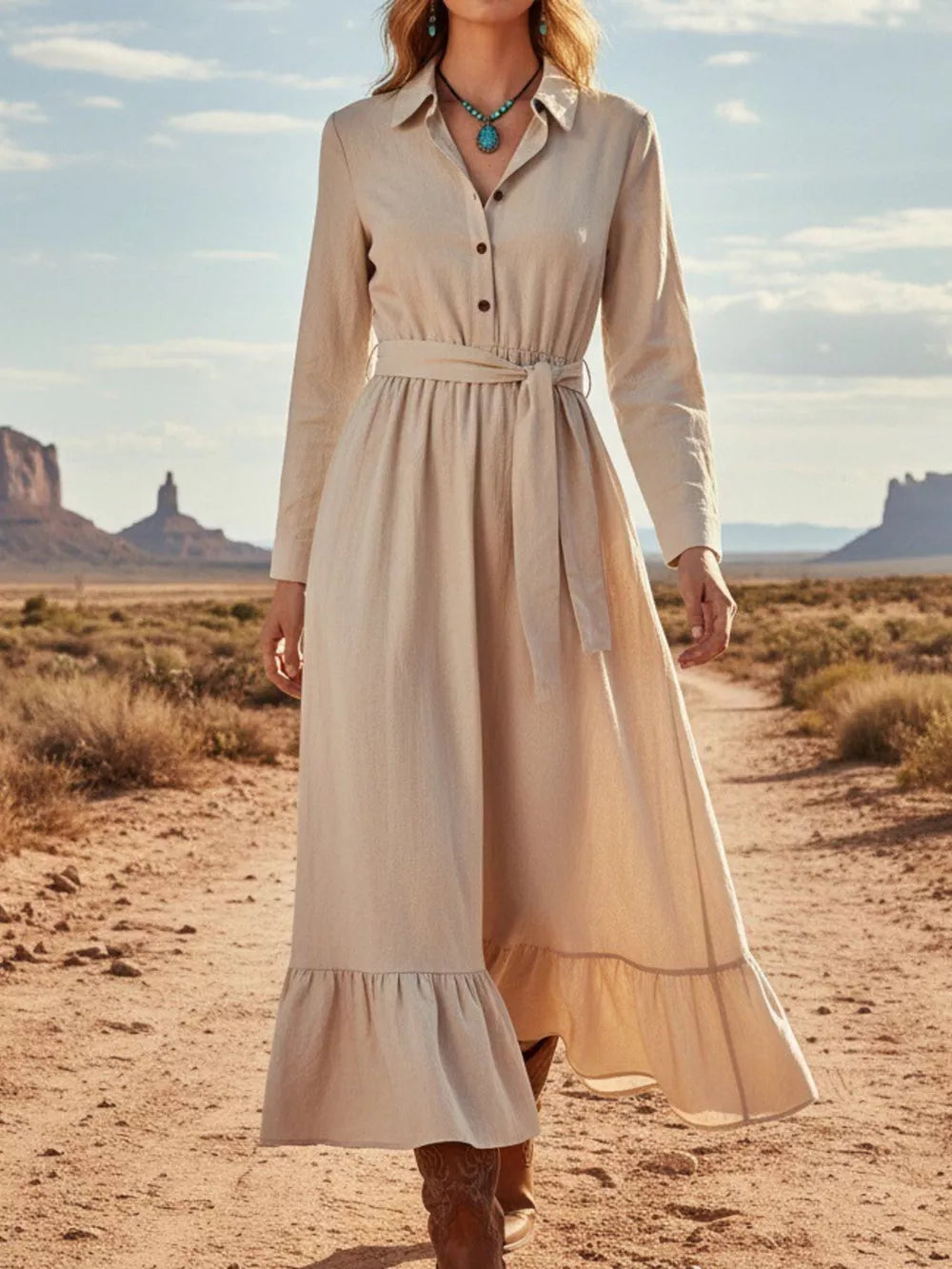 Khaki belted maxi dress with button front, ruffled hem, and tie waist.
