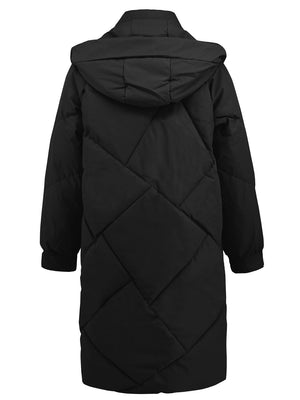 Black diamond quilted hooded puffer coat with long sleeves and a relaxed fit.