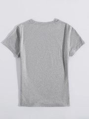 Gray crew neck t-shirt with short sleeves and a relaxed fit.