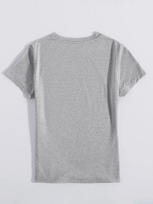 Gray crew neck t-shirt with short sleeves and a relaxed fit.