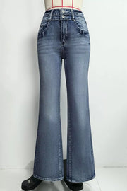 Classic high-waisted flare jeans in blue denim with distressed details and button closure.