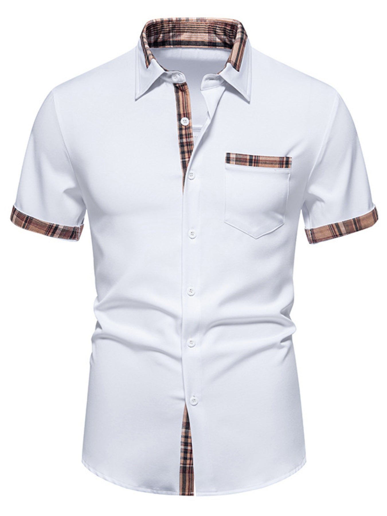 White short sleeve button-down shirt with plaid collar, pocket, and cuffs