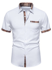 White short sleeve button-down shirt with plaid collar, pocket, and cuffs