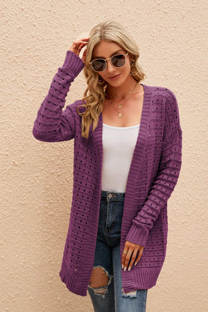 Purple perforated knit longline cardigan with open front and long sleeves.