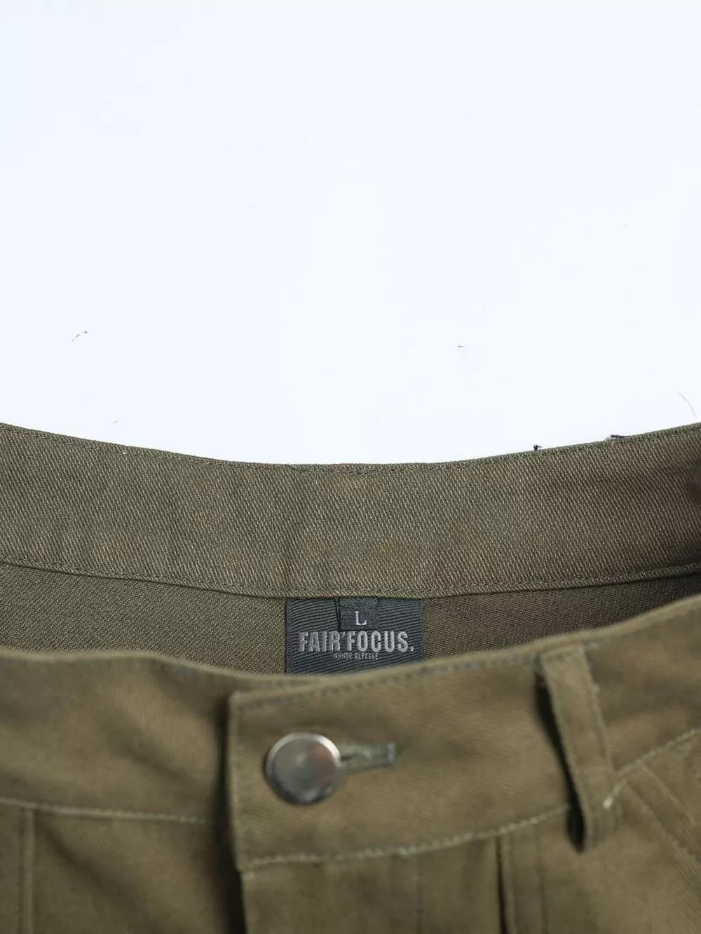 Olive green cotton cargo pants with button fly and visible brand tag.
