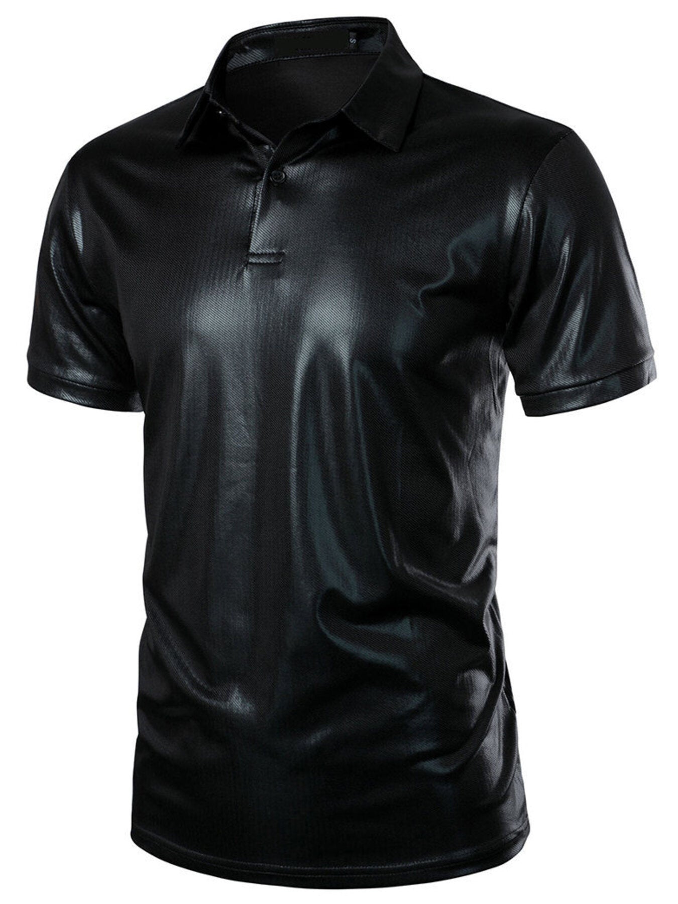 Black collared polo shirt with textured finish and short sleeves.