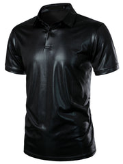 Black collared polo shirt with textured finish and short sleeves.