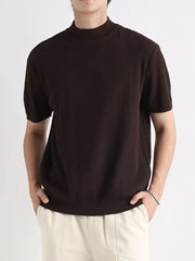 Men's dark brown ribbed knit mock neck t-shirt with short sleeves.