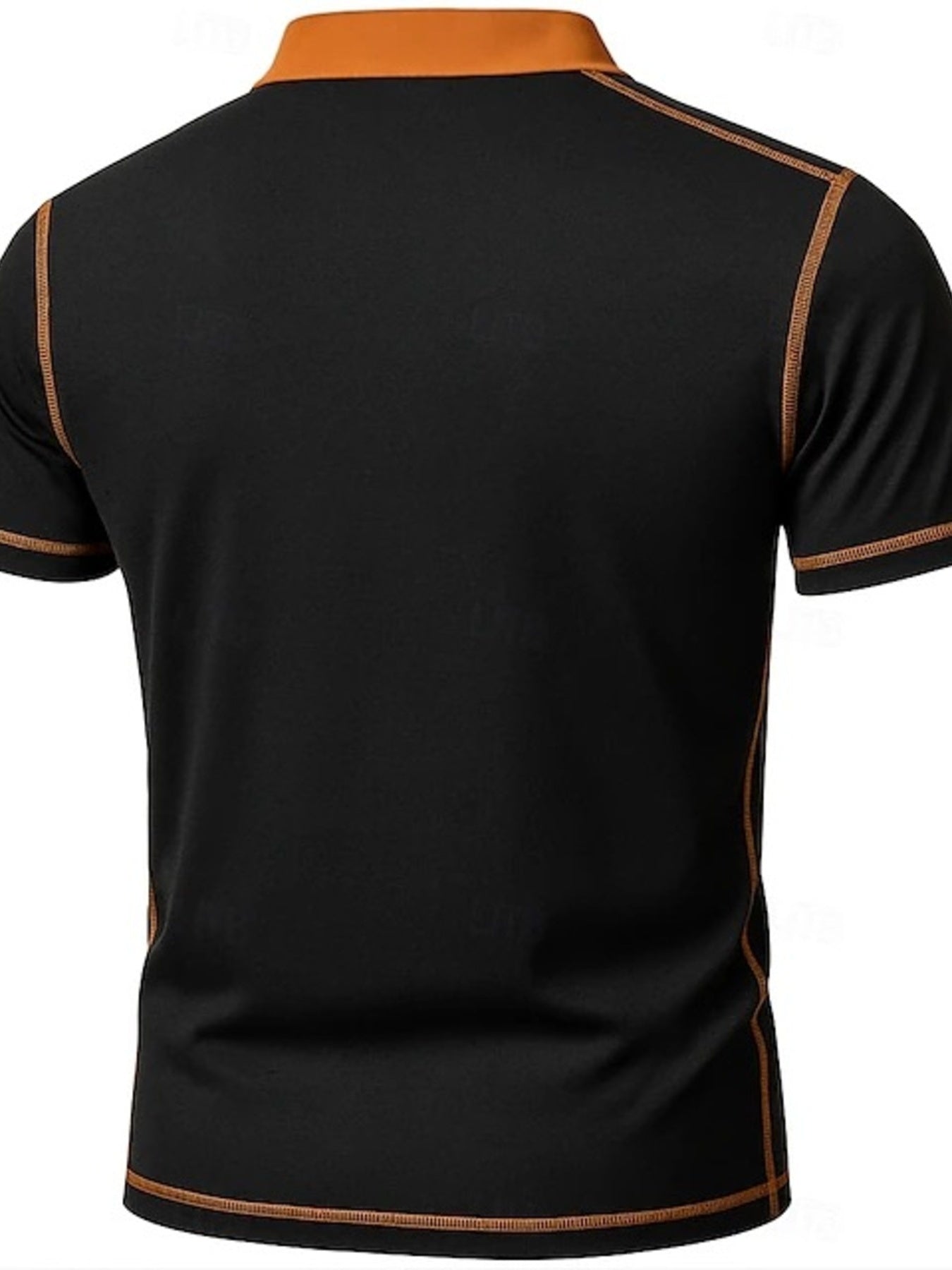 Black casual t-shirt with orange collar and contrast stitching.
