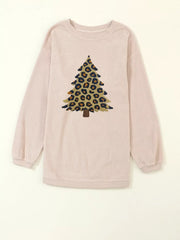 Eggshell corded sweatshirt with leopard print Christmas tree graphic.