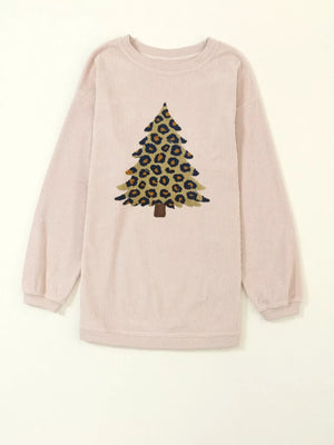 Eggshell corded sweatshirt with leopard print Christmas tree graphic.