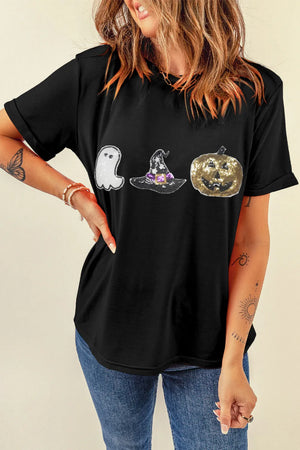 Black t-shirt with sequin Halloween ghost, witch hat, and pumpkin graphic.
