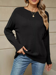 Ribbed Knit Dropped Shoulder Sweater in Light Gray, close-up detail