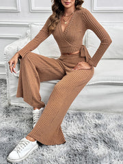 Caramel ribbed wrap top and wide leg pants set with tie detail.