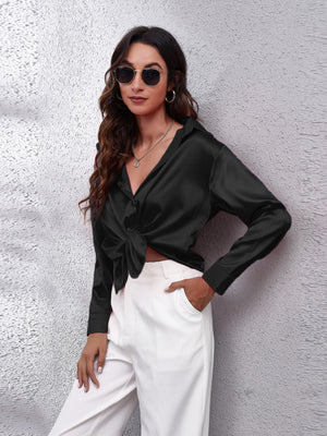 Black satin collared button-down shirt with a knot detail at the waist.