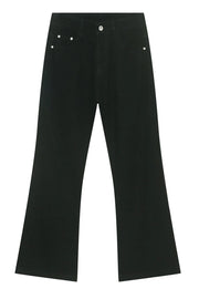 Dark denim bootcut trousers with classic five-pocket styling.