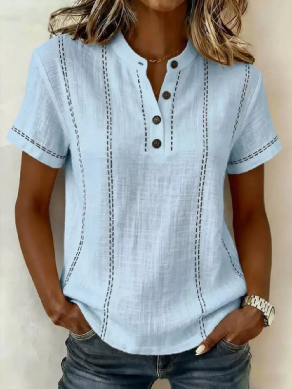 Button Detail Short Sleeve Blouse Plus Size in Gray, model styling view
