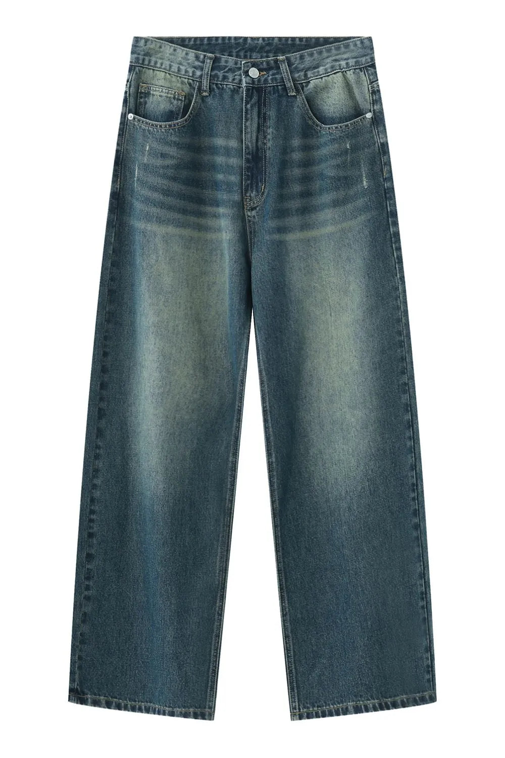 Faded wash wide-leg denim jeans in medium blue with distressed details.