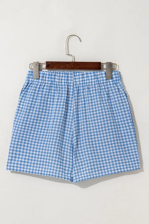 Light blue gingham boxer-style high-rise shorts with an elastic waistband.