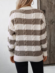 Cable knit stripe crewneck sweater in taupe and white with textured details.