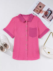 Waffle-knit button-down shirt in cerise with short sleeves and a chest pocket.