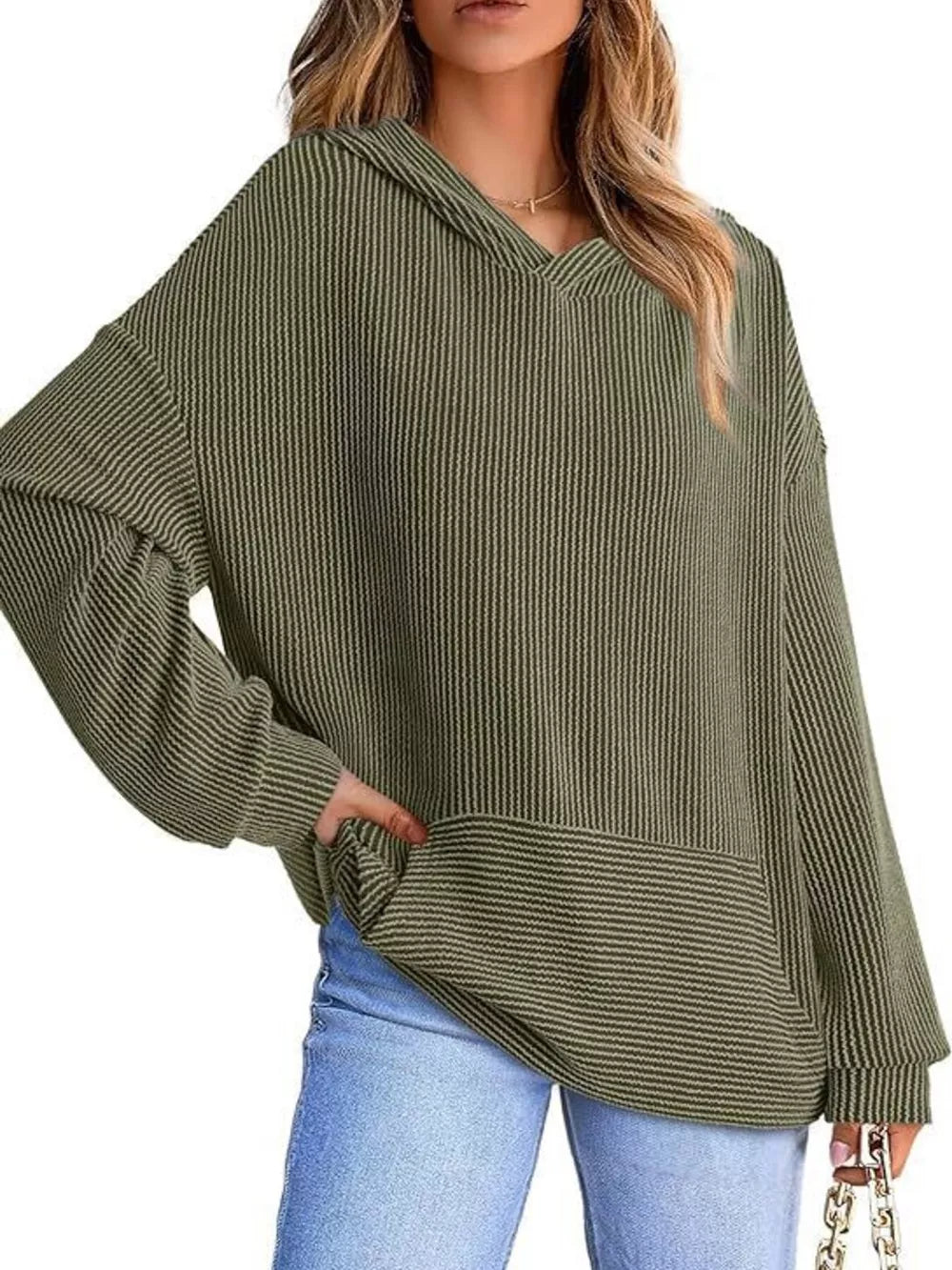 Ribbed V-neck oversized hoodie sweatshirt in military green with balloon sleeves and a front pocket.