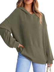 Ribbed V-neck oversized hoodie sweatshirt in military green with balloon sleeves and a front pocket.