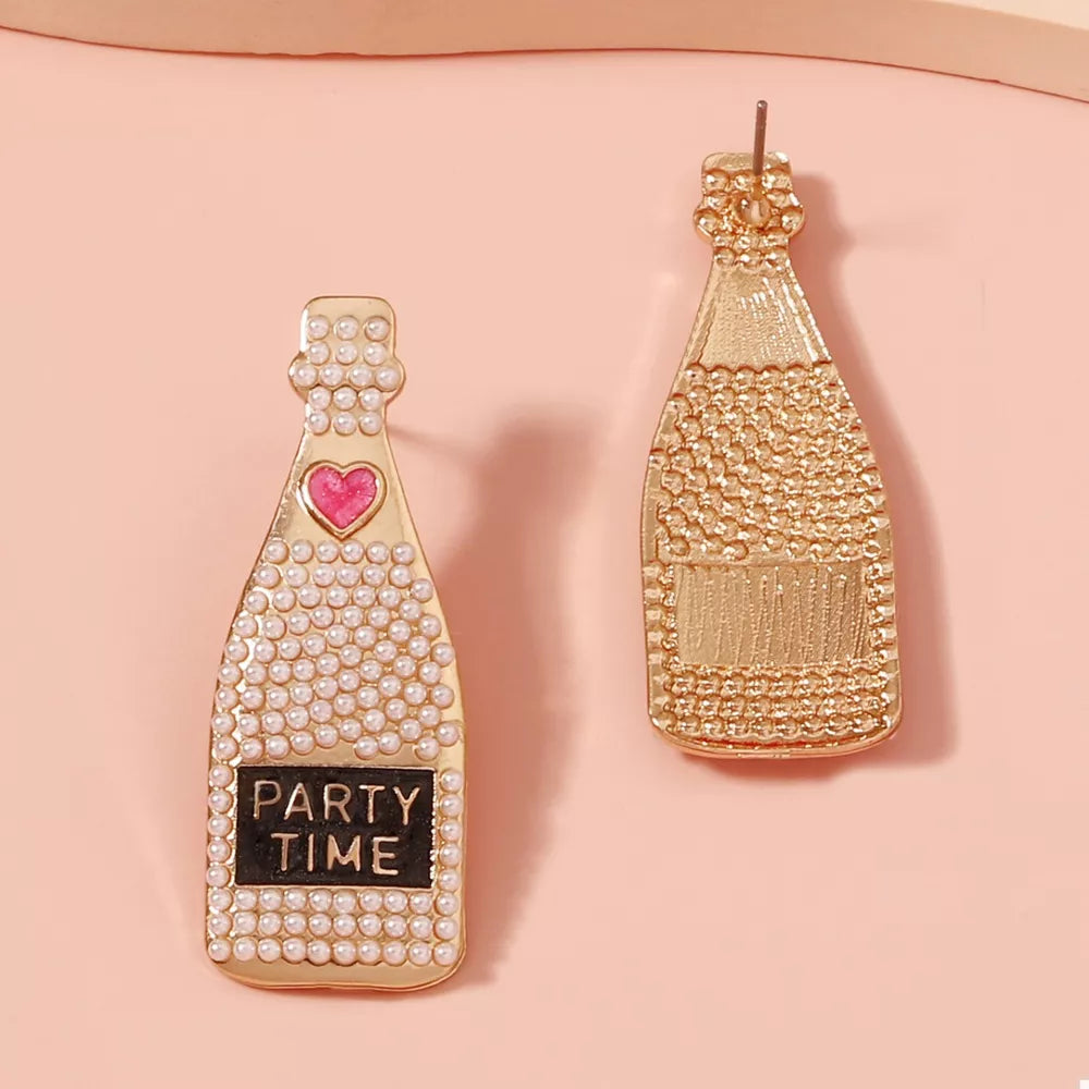 Champagne bottle drop earrings with pearls and a heart detail, one says Party Time.