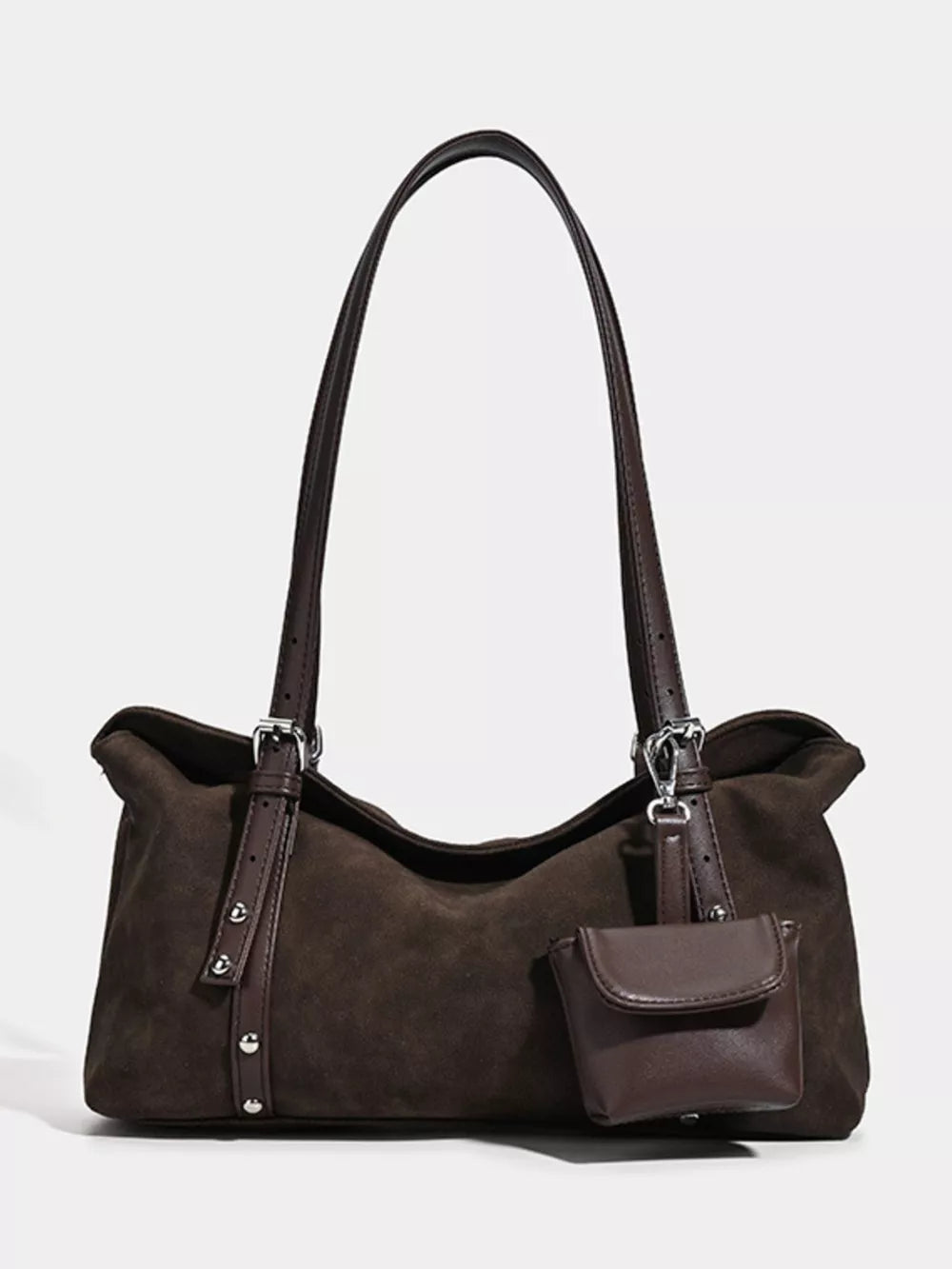 Brown suede medium shoulder bag with adjustable straps and a small attached pouch.