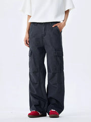 Dark Gray 100% cotton wide-leg cargo pants with multiple pockets and belt loops.