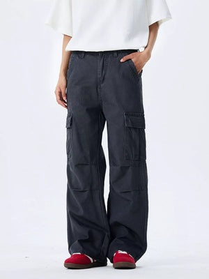 Dark Gray 100% cotton wide-leg cargo pants with multiple pockets and belt loops.