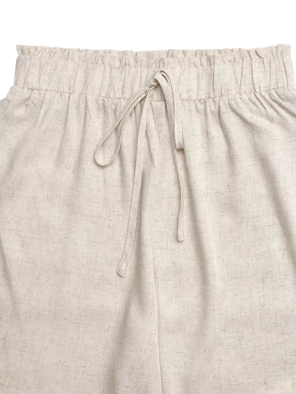 Beige maternity wide-leg trousers with elasticated waist and drawstring detail.