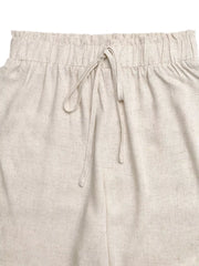Beige maternity wide-leg trousers with elasticated waist and drawstring detail.