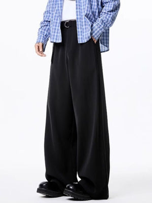 Men's black wide-leg casual pants with a belted waist.