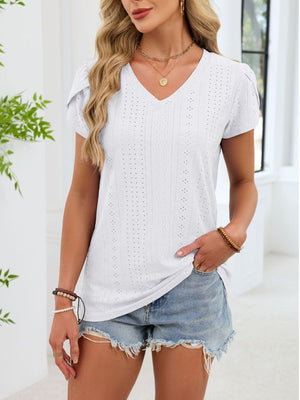 White eyelet petal sleeve v-neck tee with textured detail.