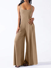 Camel square neck palazzo jumpsuit with wide legs and pockets