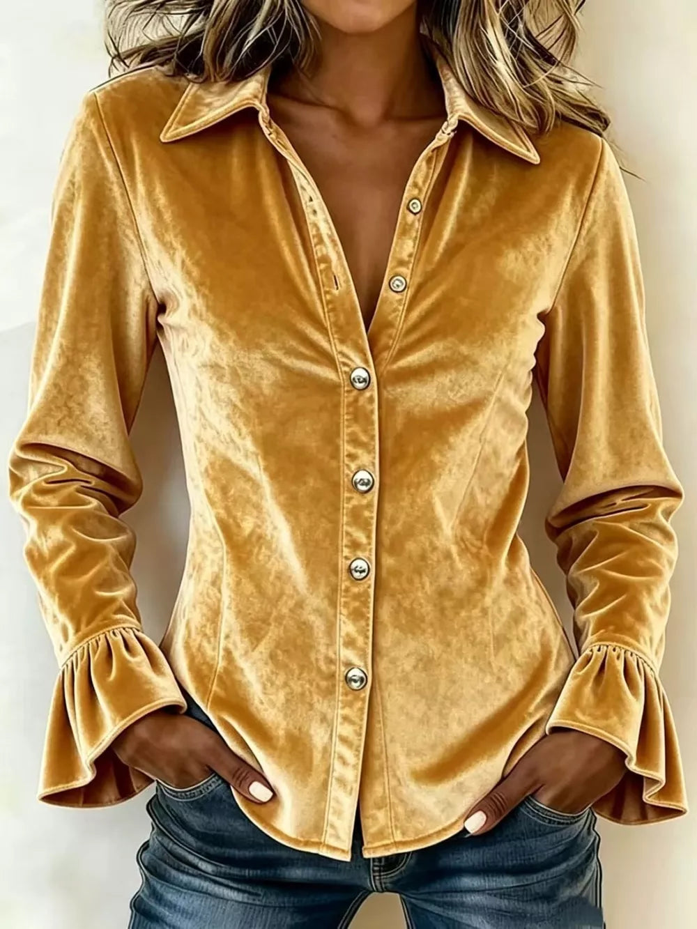 Velvet Button Up Flare Sleeve Shirt Plus Size in Burgundy, fabric detail