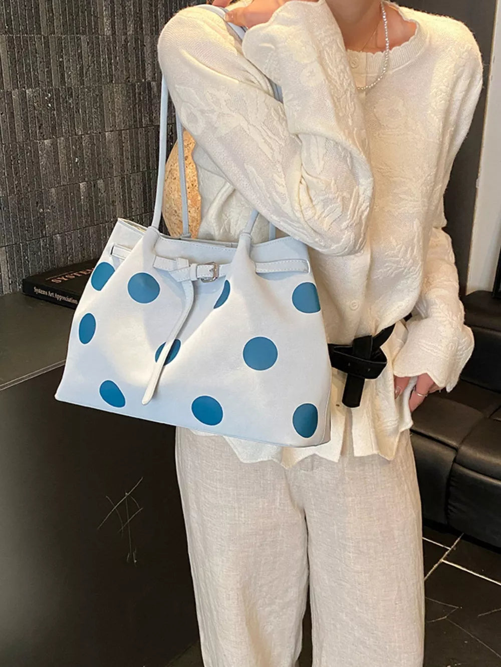 Polka Dot Medium Shoulder Bag in Pastel Blue, close-up detail