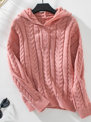 Pink cable knit henley hooded sweater with button detail