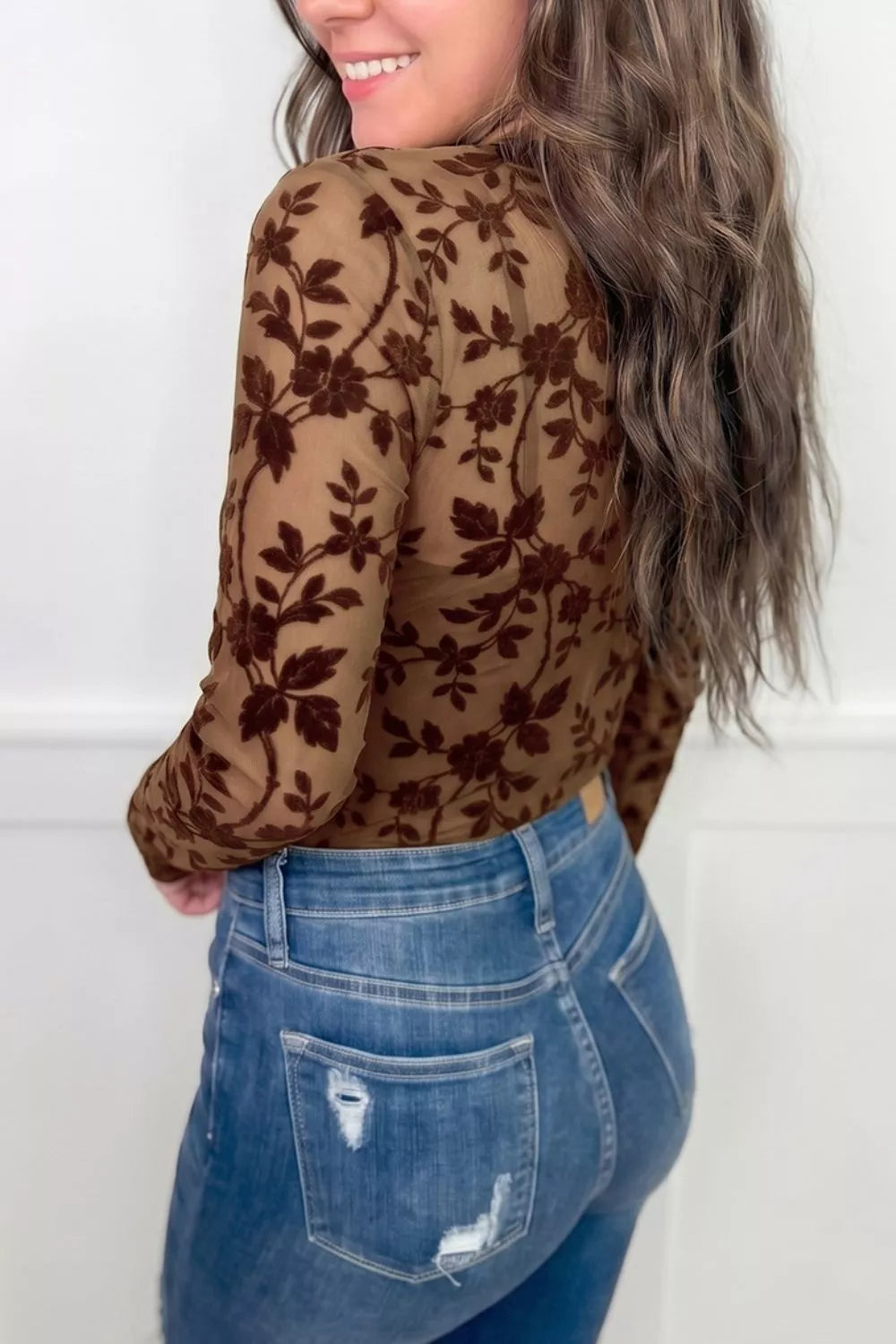 Floral Mesh Long Sleeve Sheath Top in Brown, close-up detail