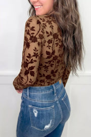 Floral Mesh Long Sleeve Sheath Top in Brown, close-up detail