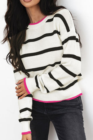 Contrast Trim Breton Knit sweater in Stripe with black stripes and pink trim