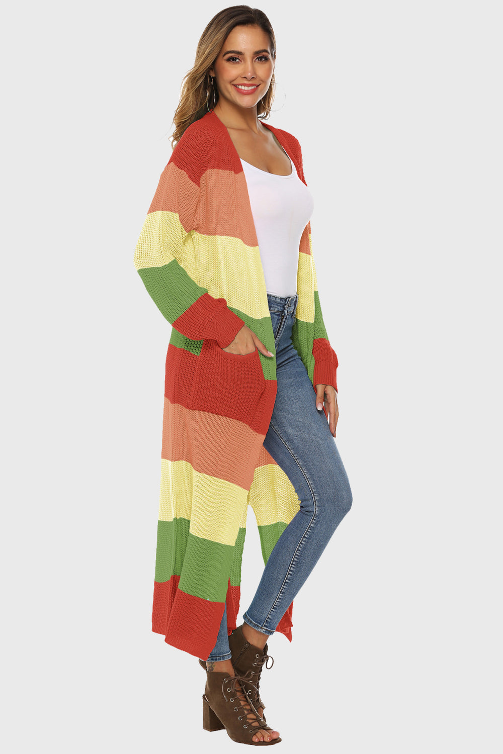 Maxi cardigan with rainbow stripes, pockets, and acrylic knit.