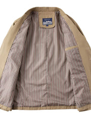 Khaki cotton lapel blazer interior with striped lining and pocket detail.