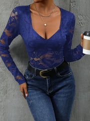Royal blue lace bodysuit with long sleeves and a deep V-neckline.