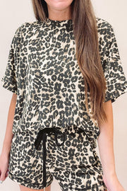 Leopard print loungewear set with a relaxed fit t-shirt and drawstring shorts.
