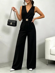 Elegant black wide-leg belted jumpsuit with V-neck and gold buckle detail