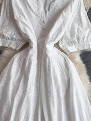 White lace-embellished A-line midi dress with button front and embroidered floral details.